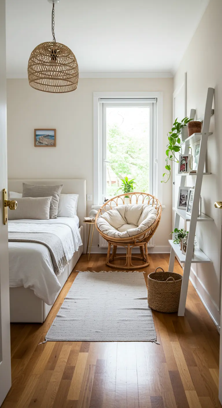 Bright bedroom with a rattan Papasan chair, a white ladder shelf, and a woven pendant light.