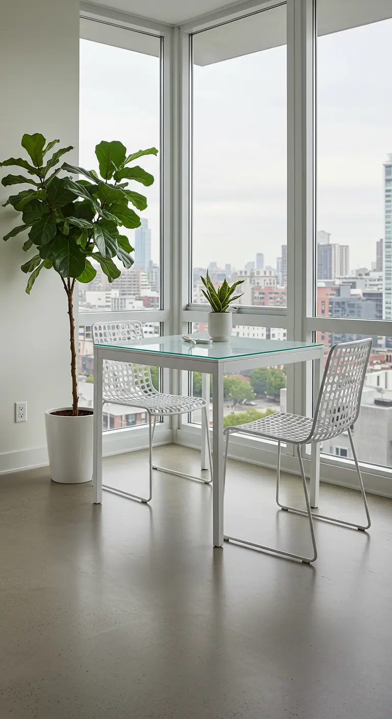 Small white dining set with perforated chairs next to a large window and a tall plant.