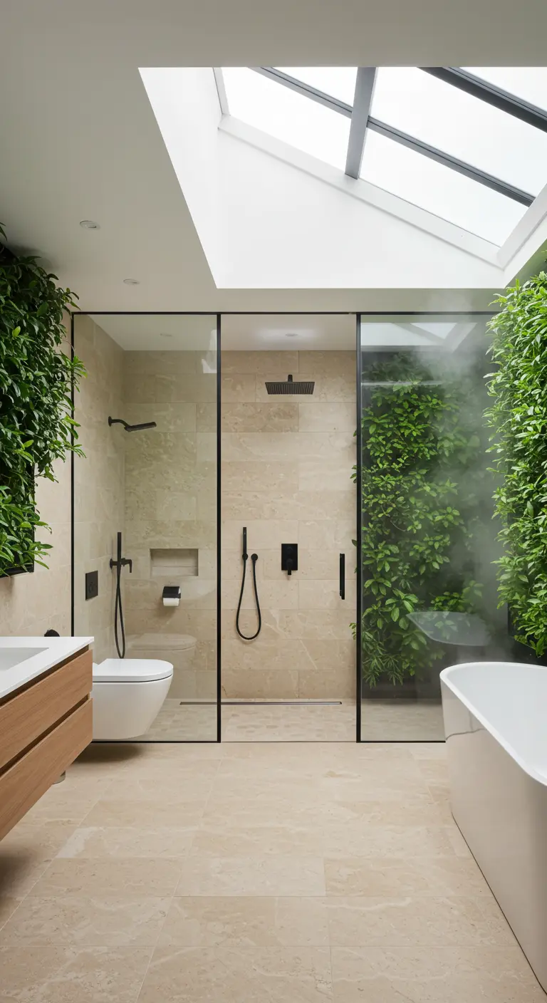 Bright bathroom with skylight, living walls, and black-framed glass shower.