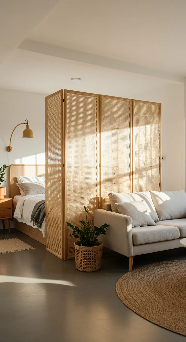 Cane screen separating a bed and a light gray sofa in a sunlit studio apartment.