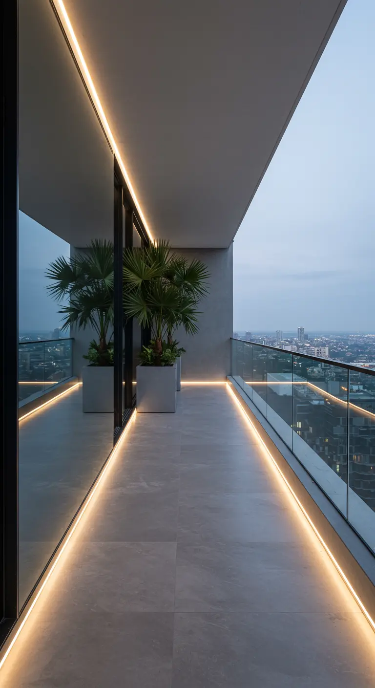 A modern balcony with a mirrored wall and continuous LED strip lighting along the floor.