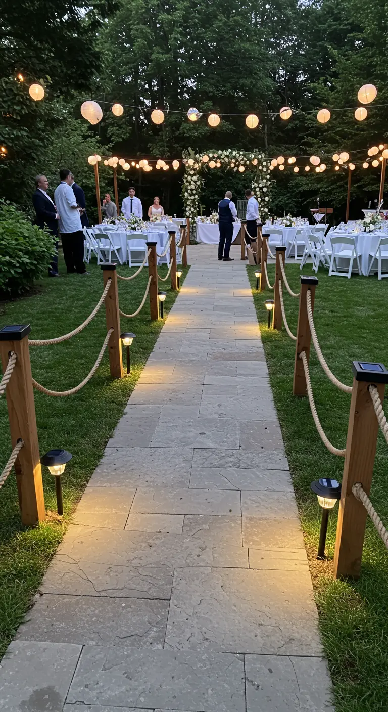 Stone pathway lined with rope-and-post fencing and solar lights leading to a garden party.