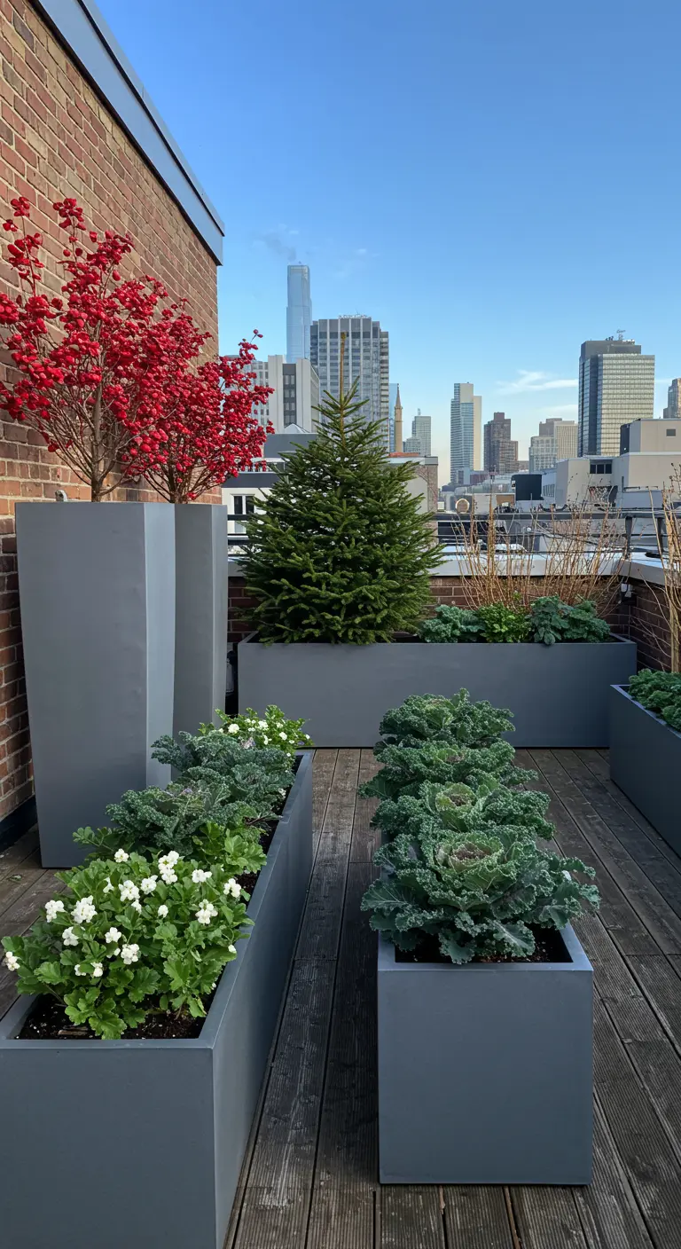 Modern grey trough planters on a rooftop with rows of kale and a small fir tree.