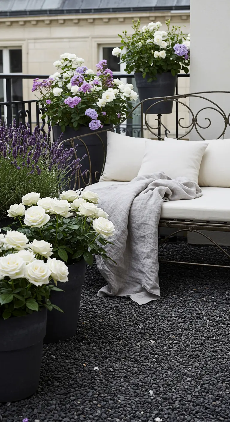 Wrought iron daybed with linen cushions on a dark gravel balcony with white roses and lavender.