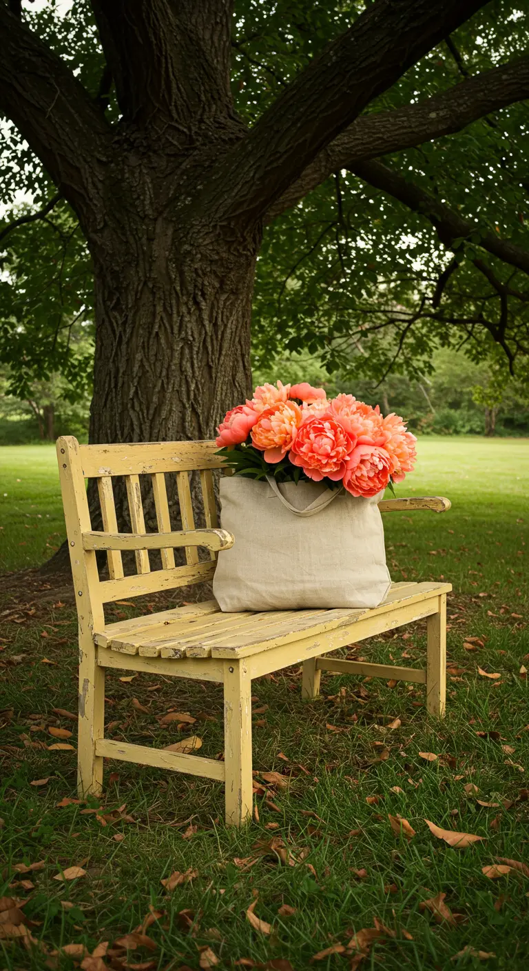 A weathered yellow bench under a large tree, holding a linen tote bag full of coral peonies.