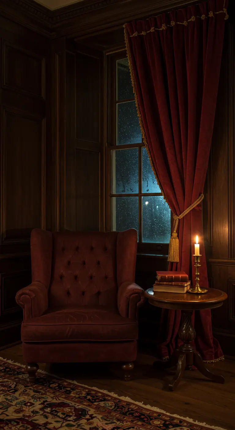 A dark, wood-paneled room with a red velvet armchair and a single candle on a side table.