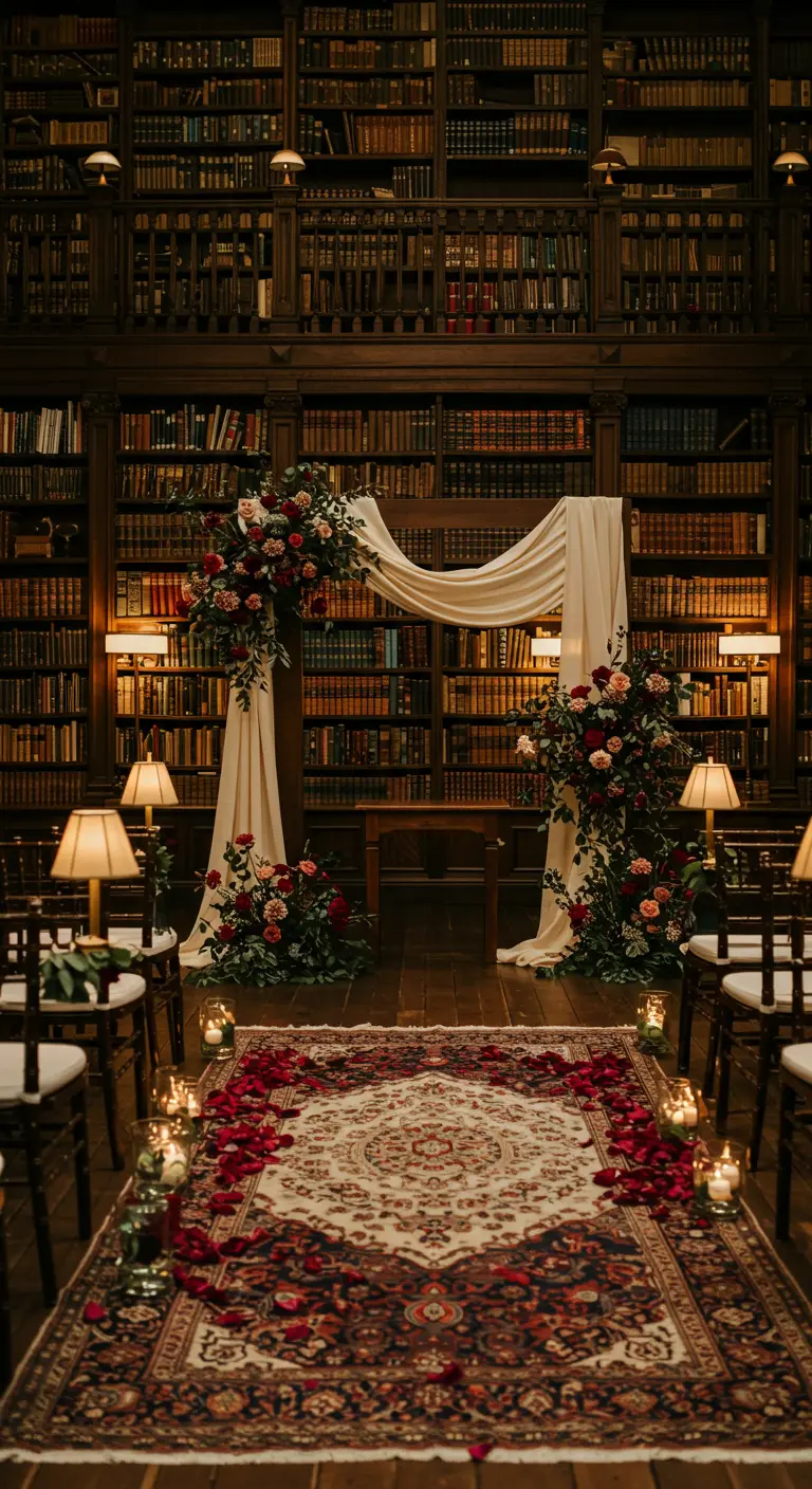Wedding altar in a library with a vintage rug aisle, warm lamps, and deep red flowers.