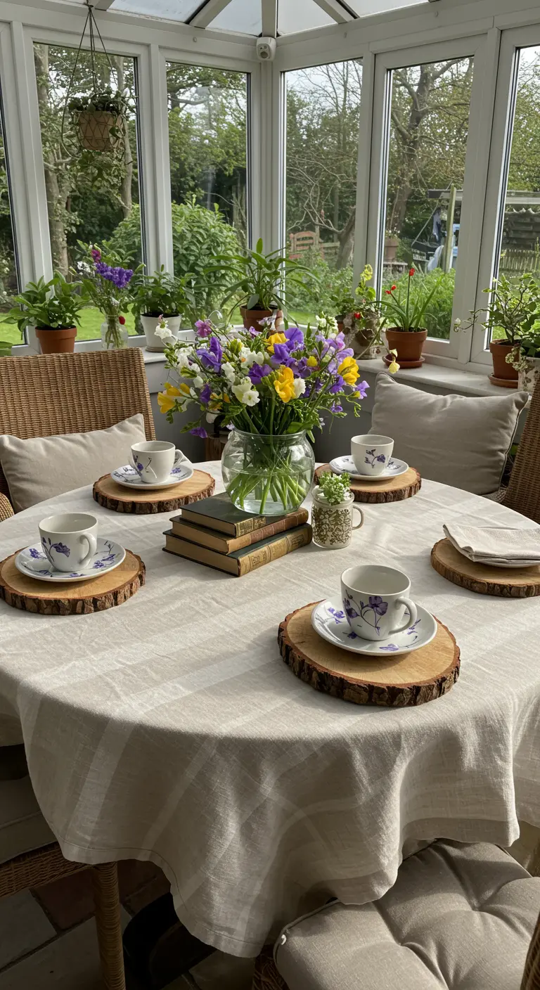 A tea party table where a stack of books is used to elevate the flower vase.