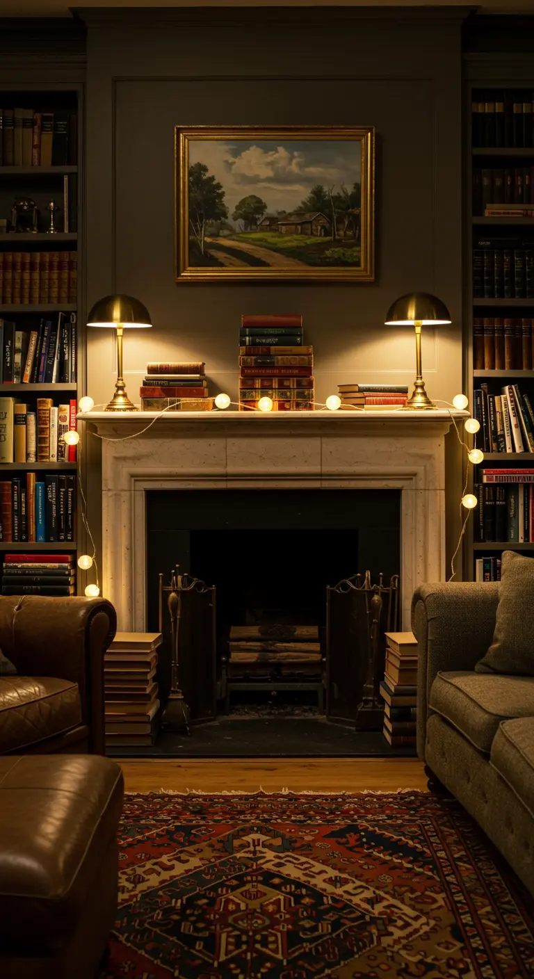 A cozy library mantel with stacks of books, brass lamps, and globe string lights.