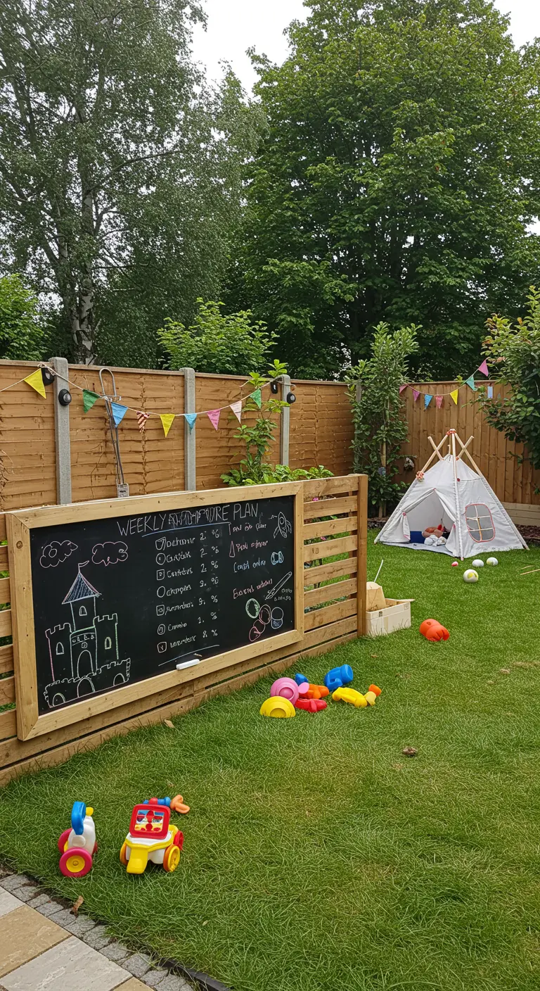 A low, wide chalkboard in a grassy backyard for children to draw on.