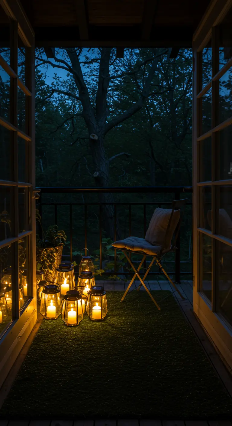 A small balcony at night, lit by a cluster of lanterns by the door.