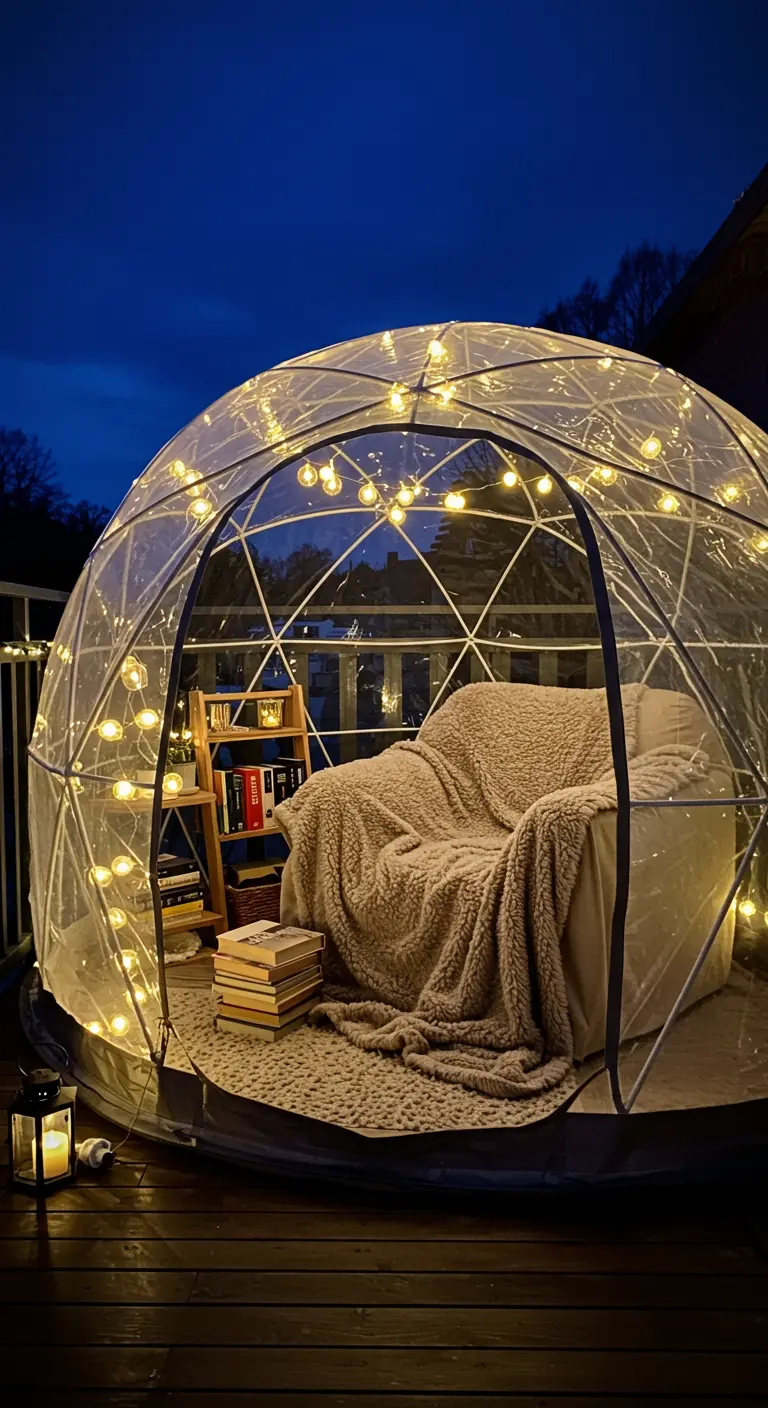 A cozy armchair and bookshelf inside a lighted pod on a balcony at night.