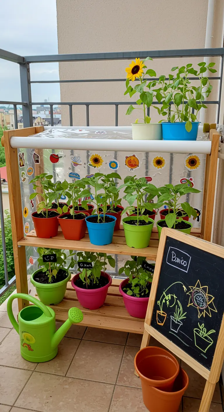 A kid-friendly balcony greenhouse decorated with stickers, colorful pots, and a chalkboard.
