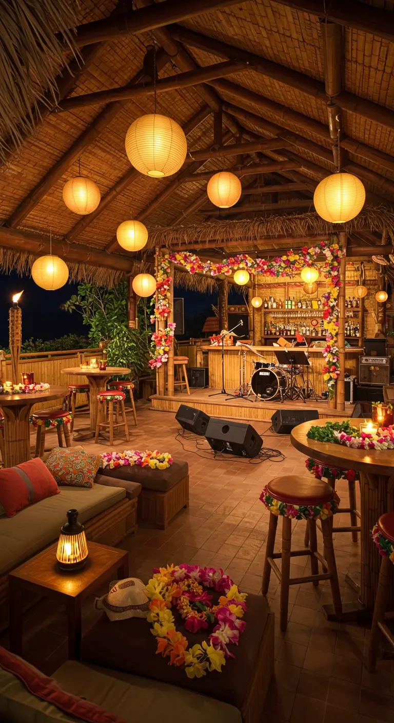 A tiki bar lounge set up for live music, with a small stage, speakers, and varied seating.
