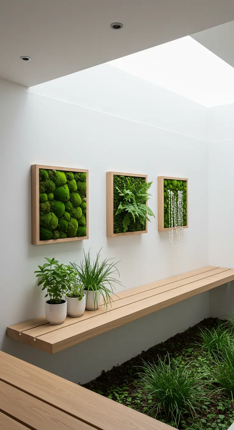 Minimalist white atrium with a light wood floating bench and three framed moss art pieces on the wall.