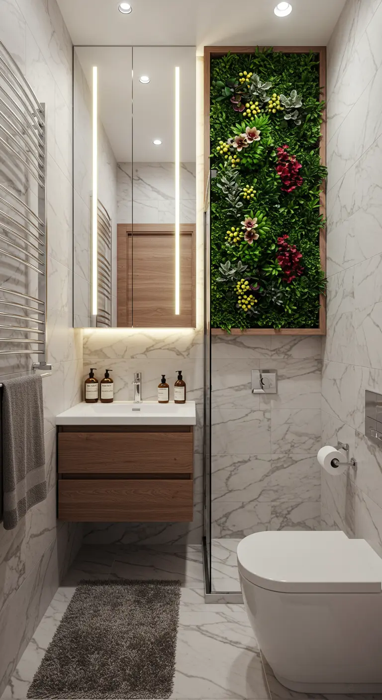 Compact marble bathroom with a wood-framed living art panel next to the mirror.