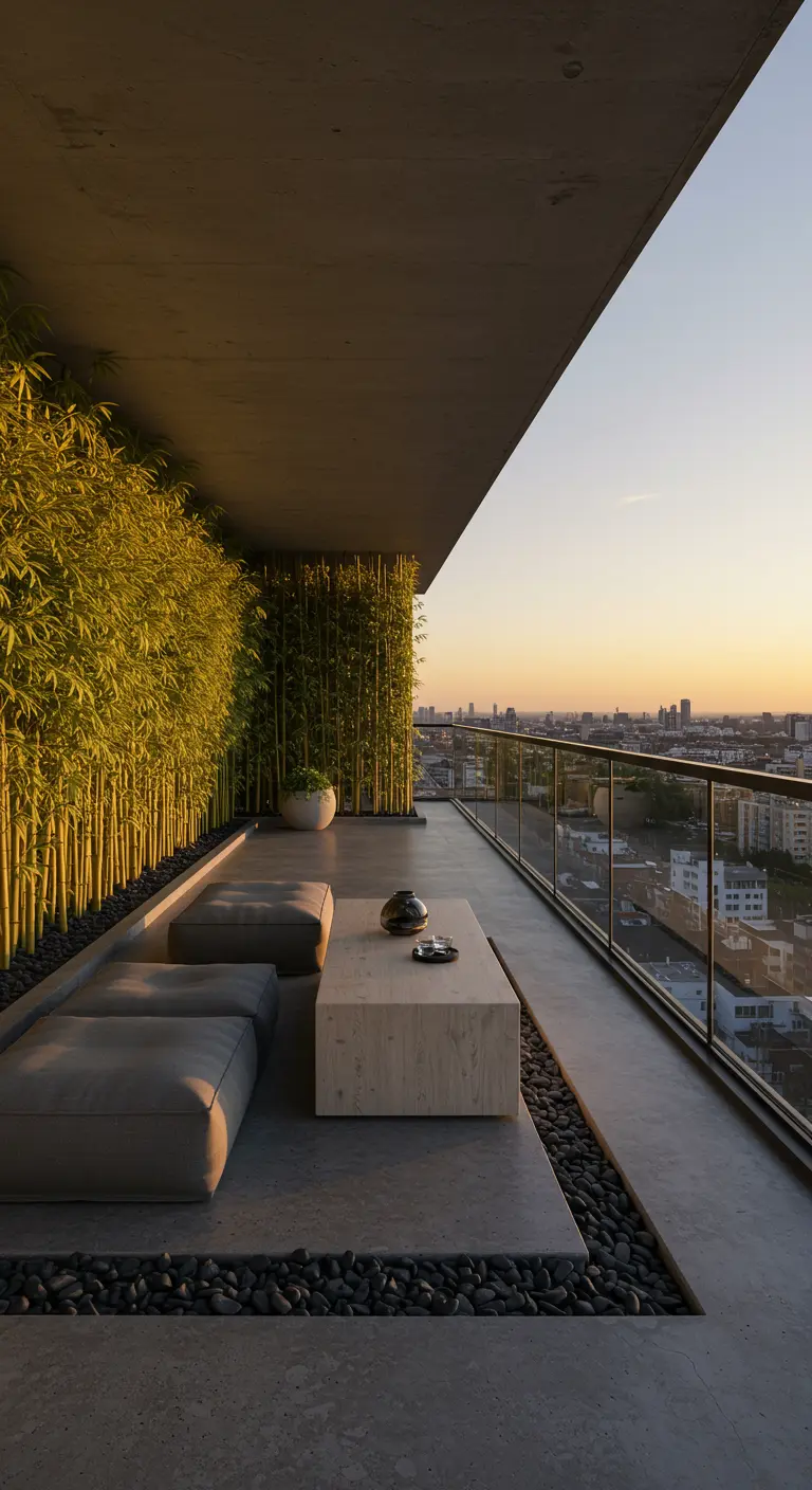 Modern balcony with a living bamboo wall, concrete seating platform, and grey cushions.