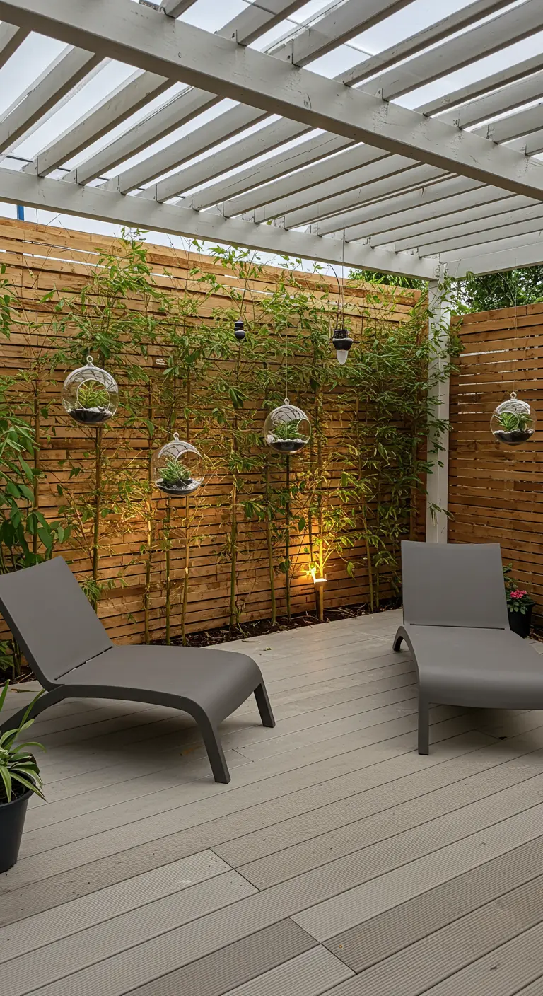 A modern patio with live bamboo plants behind a wood screen, lit from below.