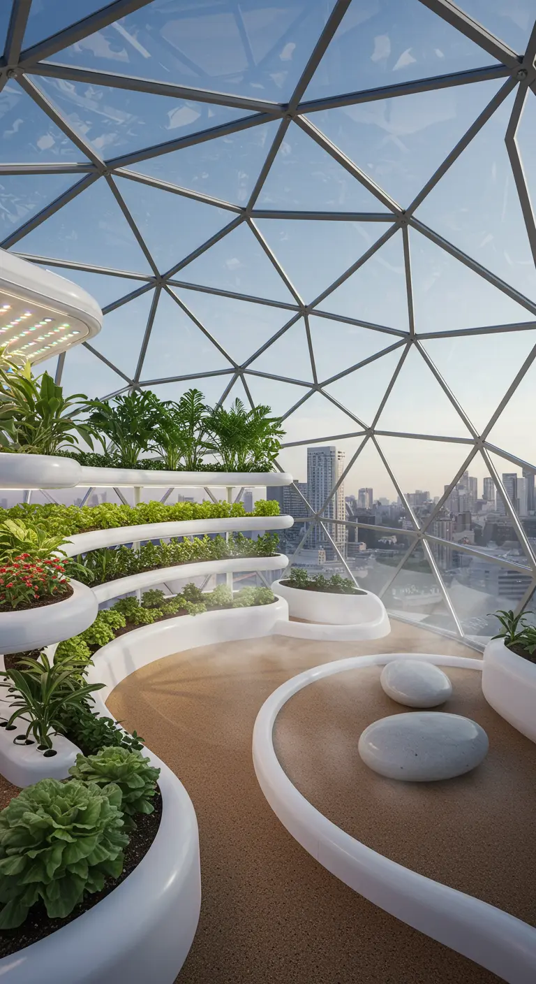 An indoor garden within a geodesic dome, featuring tiered white planters and a city view.