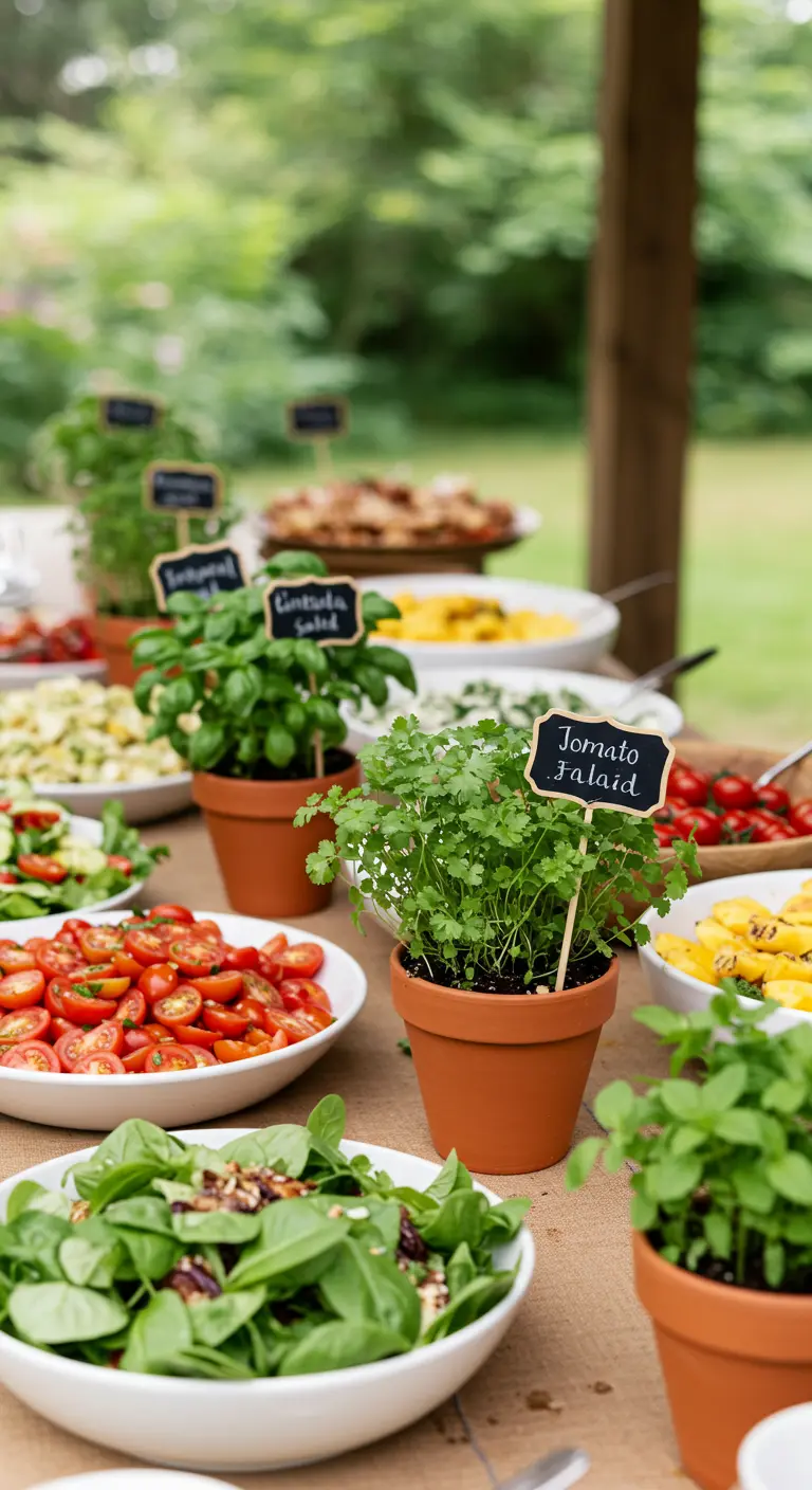 A buffet table with salads, where small terracotta pots of herbs are used as labels for the dishes.