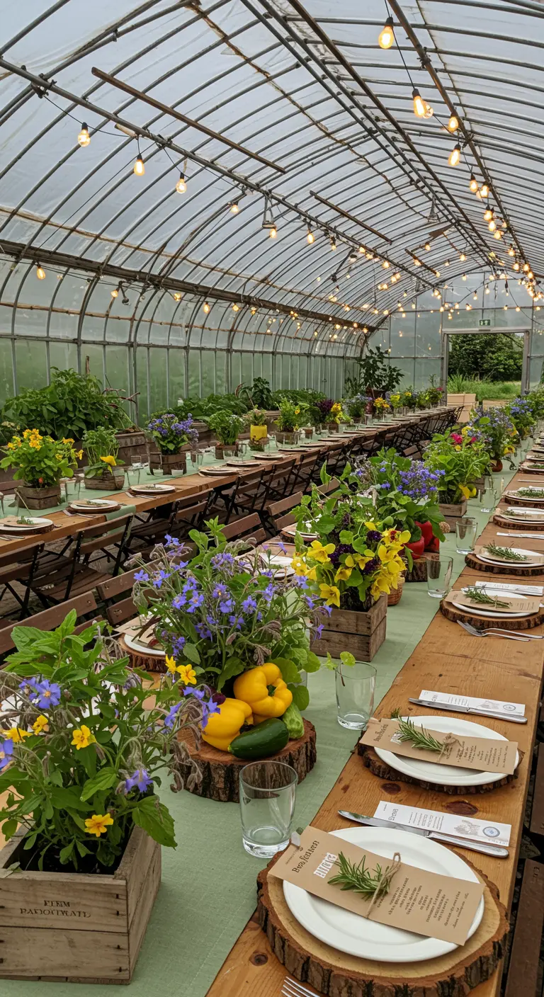 Long tables in a greenhouse with potted plants in wooden crates as centerpieces.