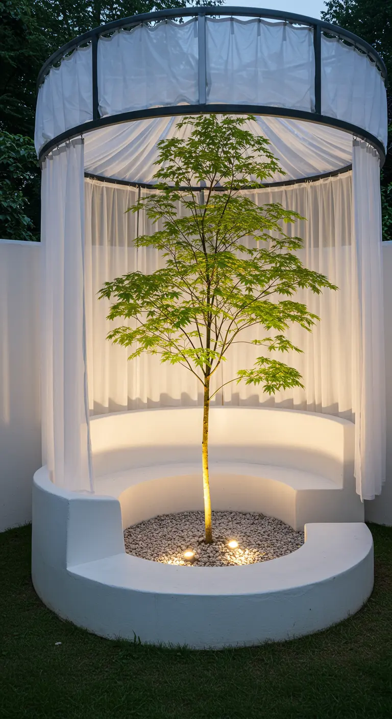 A young tree growing in the center of a circular white bench, enclosed by curtains.