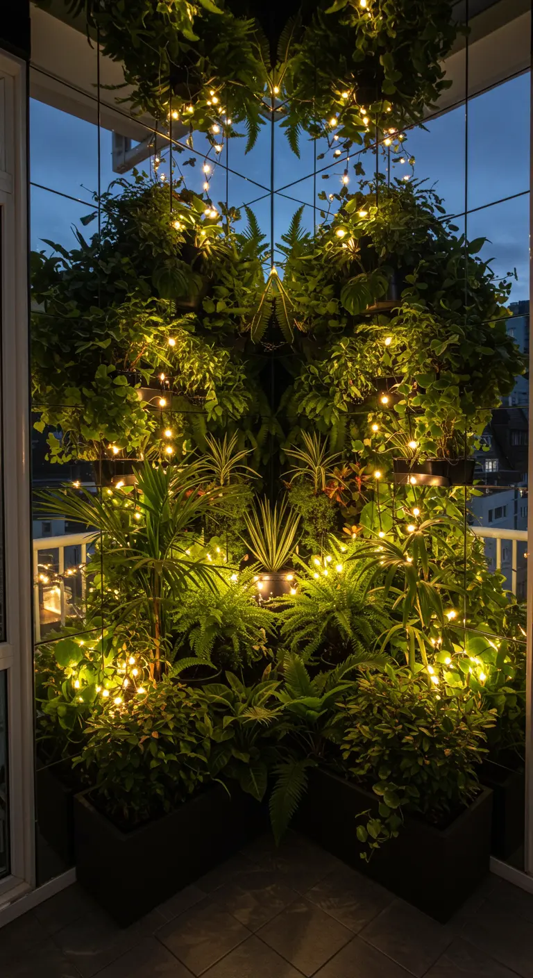 A small balcony corner with a dense vertical garden and a mirror creating an infinite jungle effect.