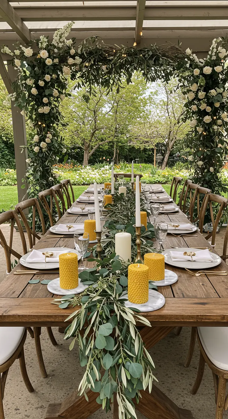 Long rustic wooden table with a eucalyptus runner, beeswax candles, and a floral arch overhead.
