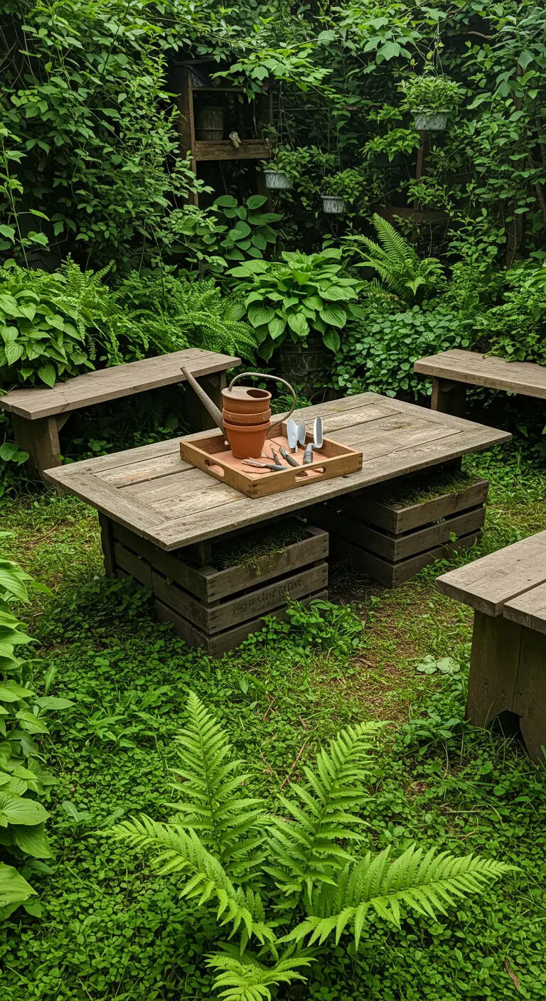 Crate coffee table in a lush garden with space for plants between crates.