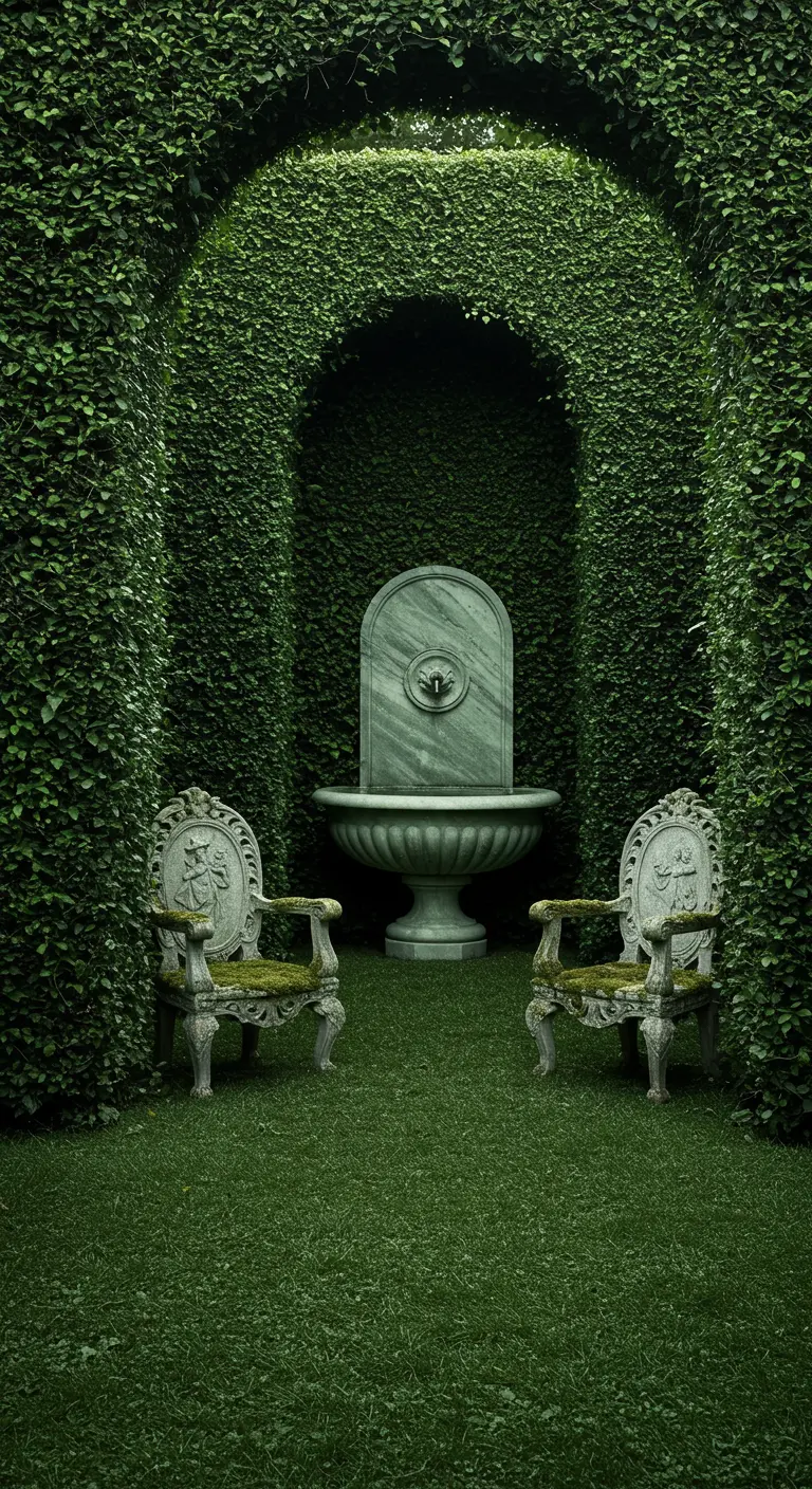 Two moss-covered stone chairs sit in a deep green alcove made of ivy.
