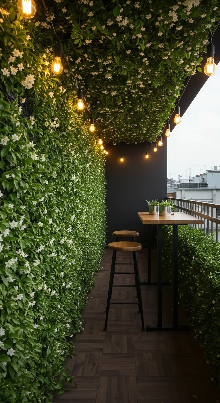 A narrow balcony transformed into a lush green tunnel with climbing jasmine on both walls.