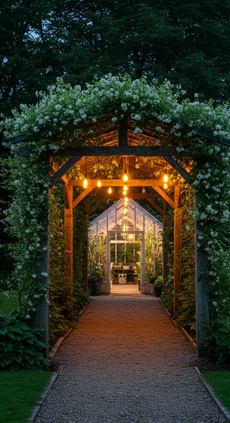 A long, arched pergola covered in white flowering vines leads the way to a greenhouse at night.