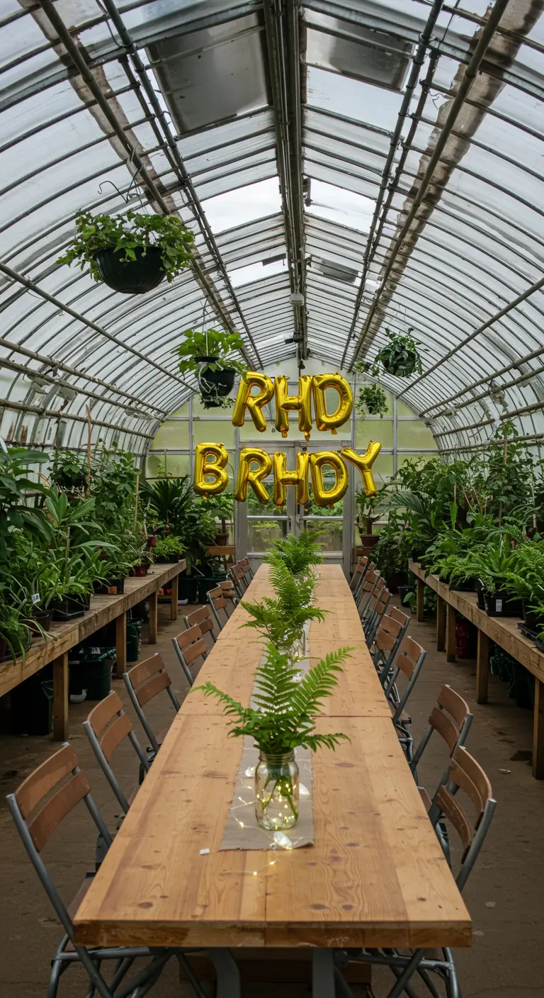 Long table in a greenhouse with ferns and lights in mason jars.