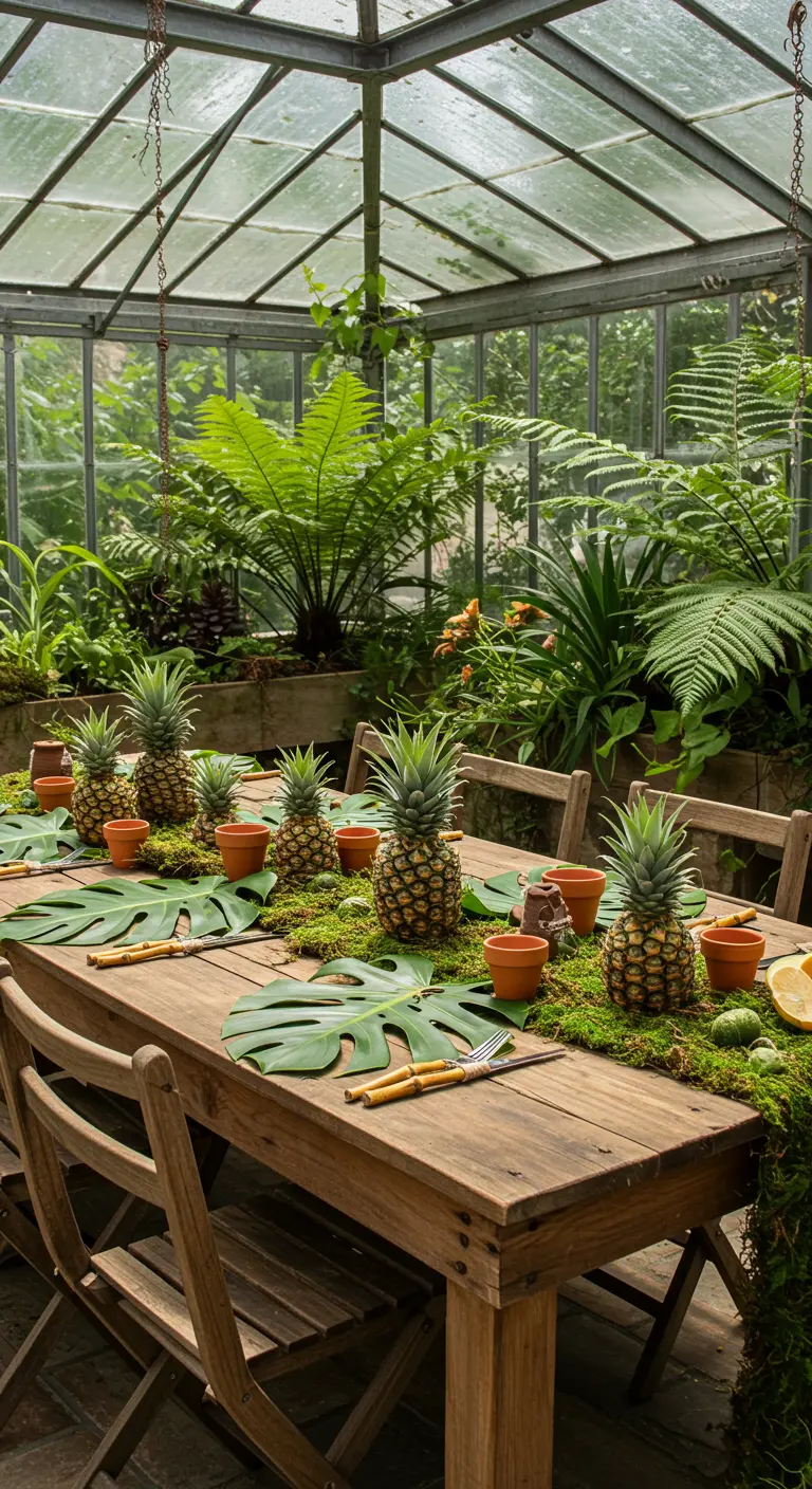 A wooden table in a greenhouse with a moss runner, pineapples, and terracotta pots
