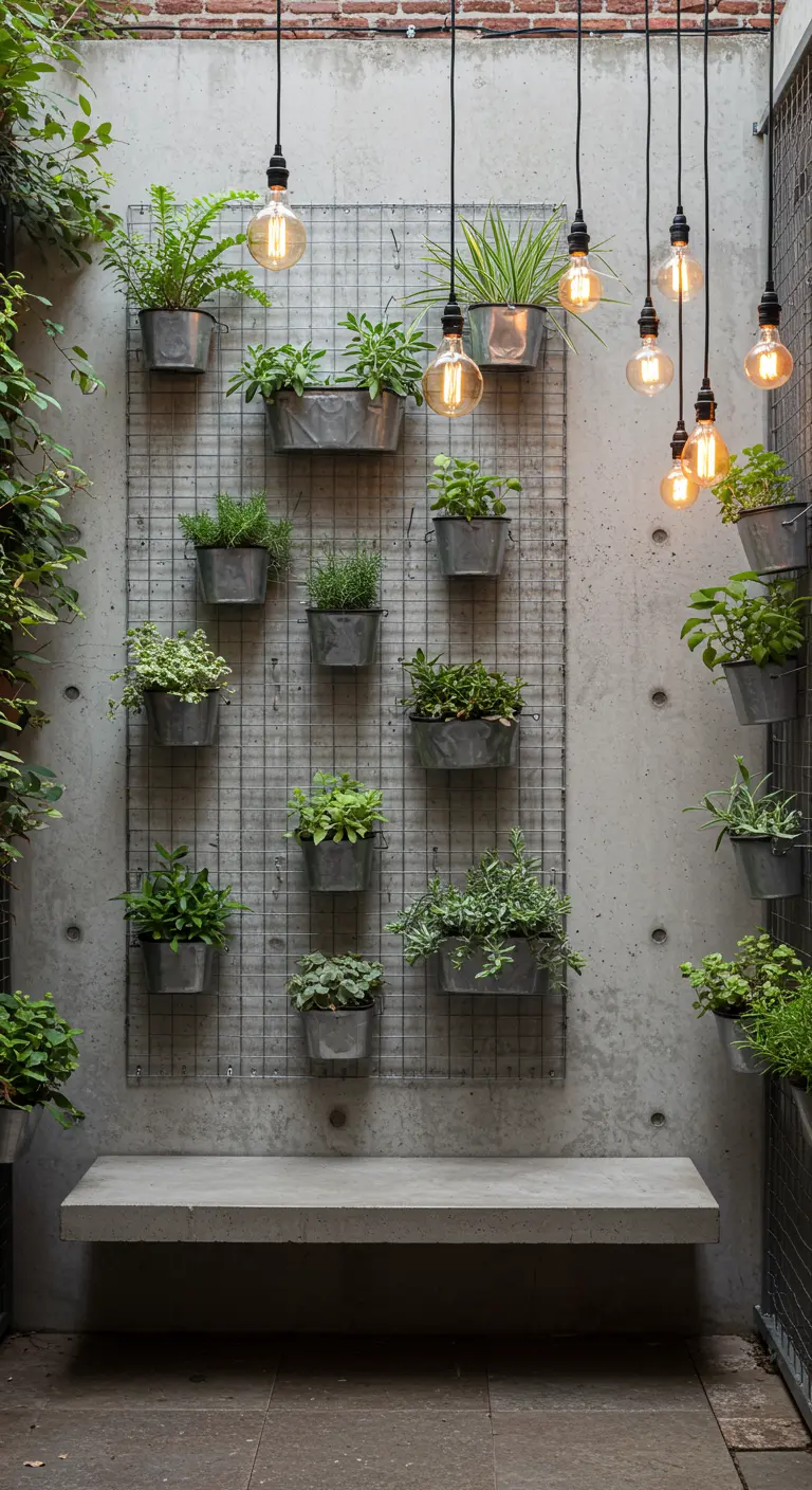 A vertical garden on a wire grid against a concrete wall, above a simple concrete bench.