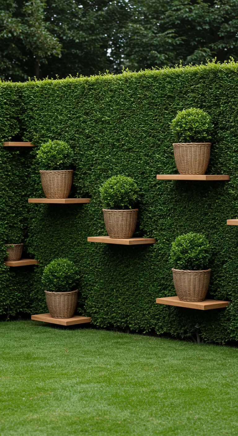 Floating teak shelves installed at various heights within a tall, manicured green hedge.