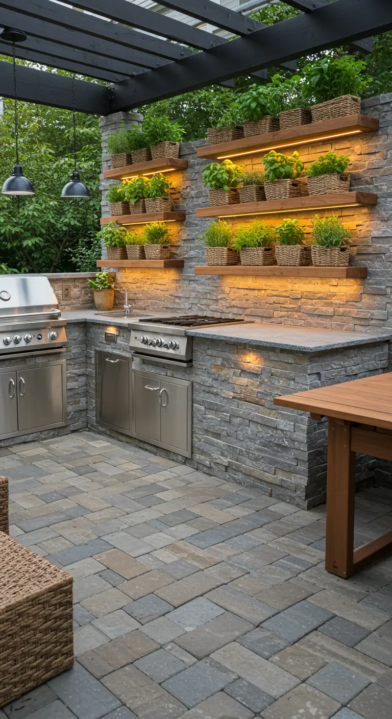 Floating shelves with herb baskets above an outdoor kitchen counter, with under-shelf lighting.