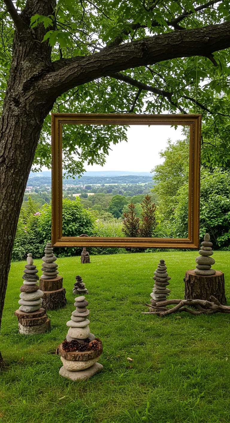A large, empty gold picture frame hanging from a tree, framing the landscape.