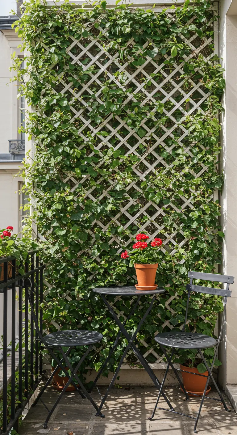 A white lattice trellis covered in lush green ivy next to a small bistro set.