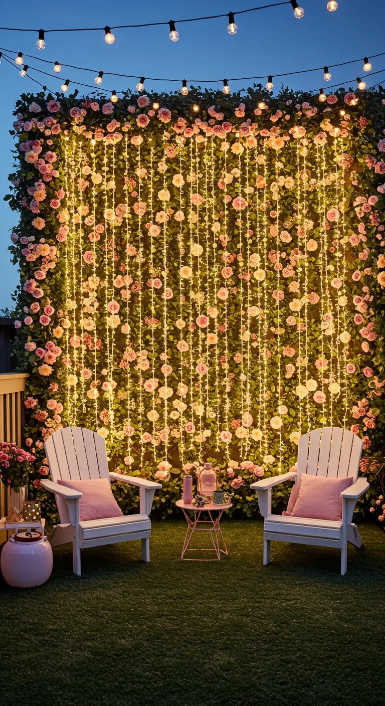 Two white Adirondack chairs in front of a rose wall decorated with cascading curtain fairy lights.