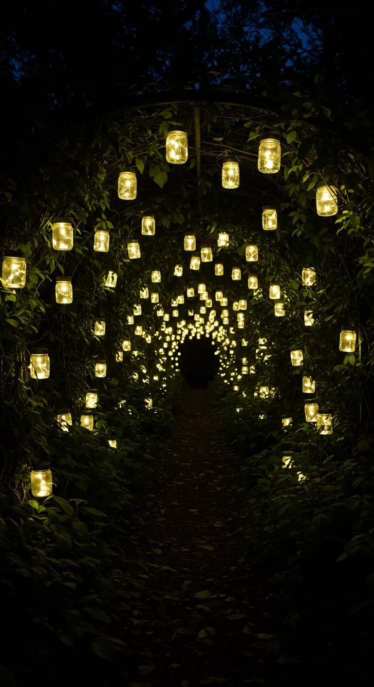 A long tunnel made of green leafy vines, filled with dozens of glowing solar jars.