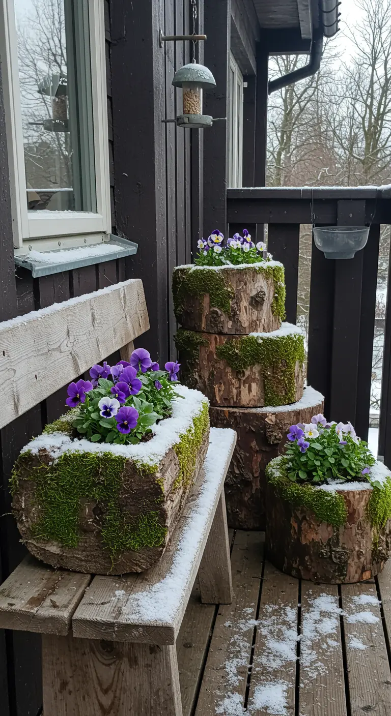 Hollowed-out logs with moss and purple pansies are used as planters on a wooden bench.