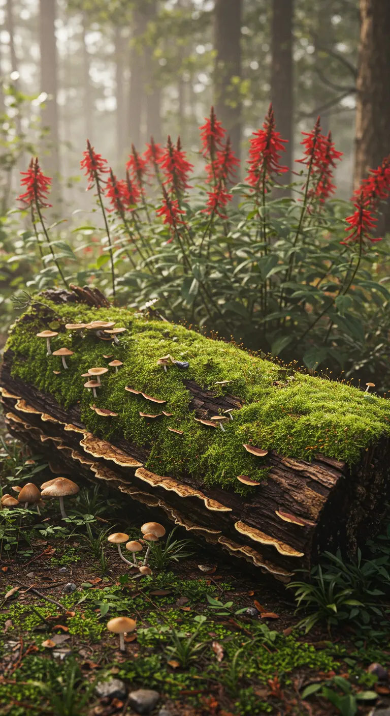 A mossy log with mushrooms growing on it, with tall red flowers in the background.