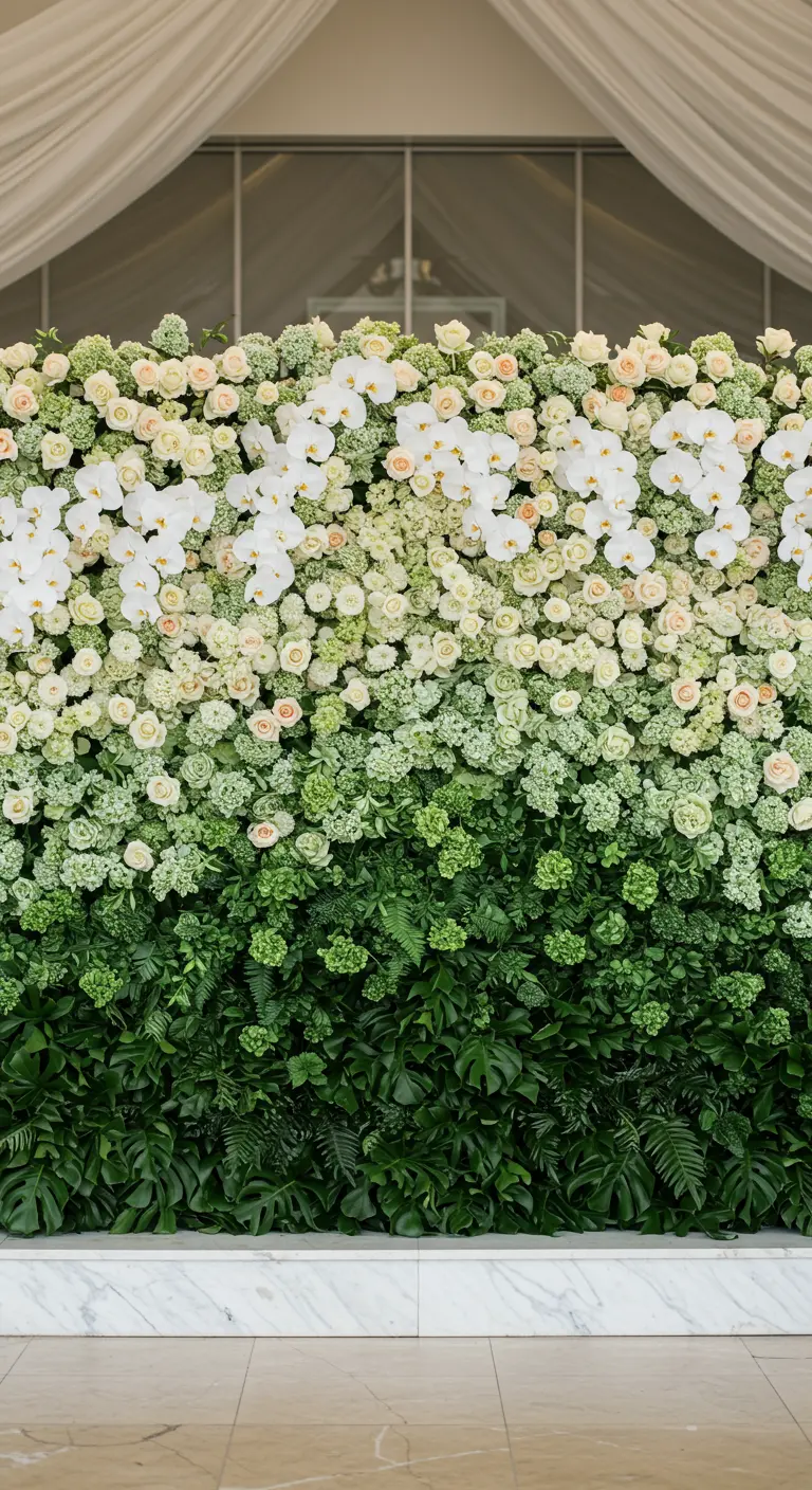 A massive flower wall with a green-to-white ombré effect using foliage, roses, and orchids.