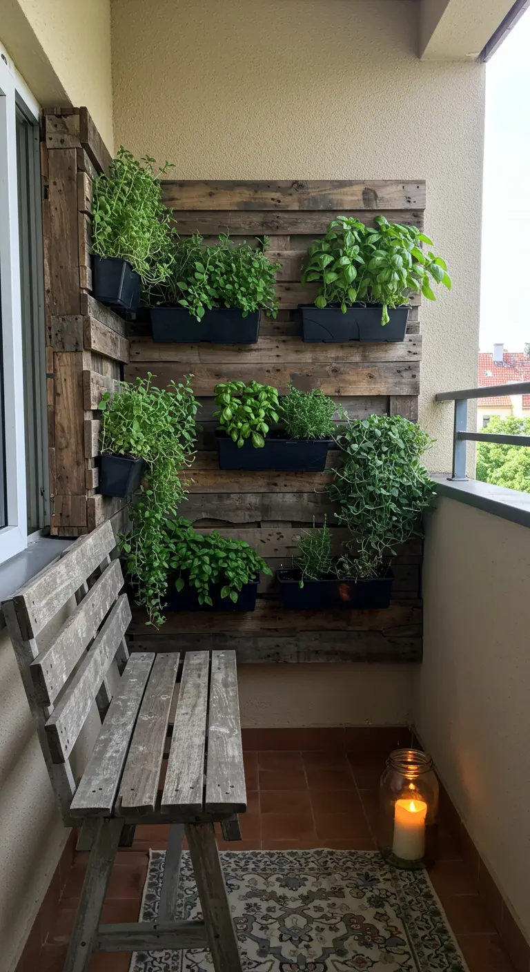 A weathered wooden pallet mounted on a balcony wall, holding numerous planters filled with green herbs.