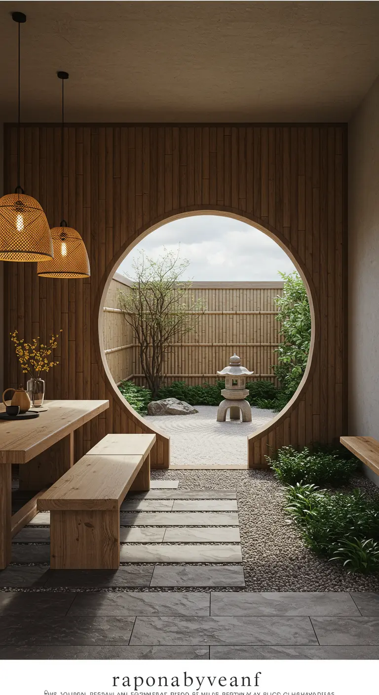 A circular window in a wooden wall opens to a view of a zen garden.