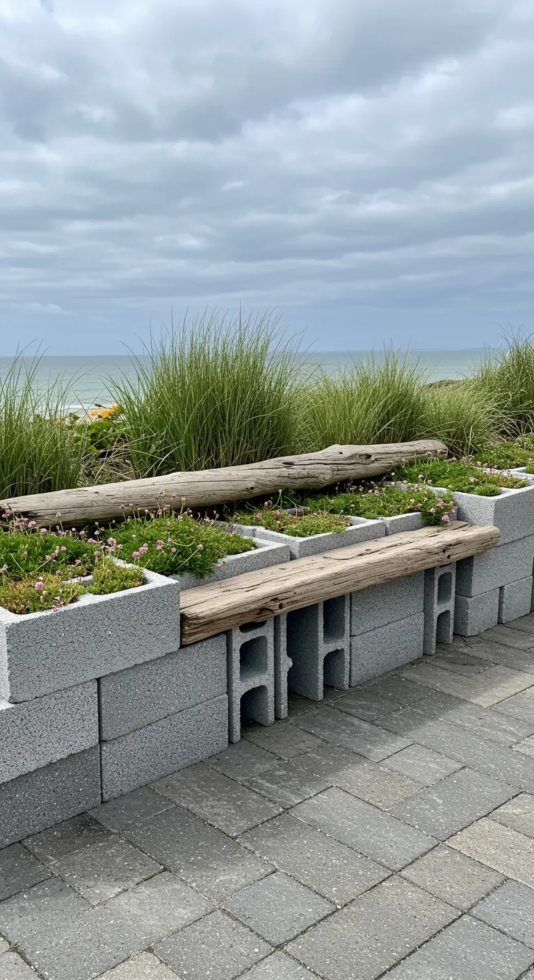 A cinder block bench with the top layer of blocks used as planters for small flowers.