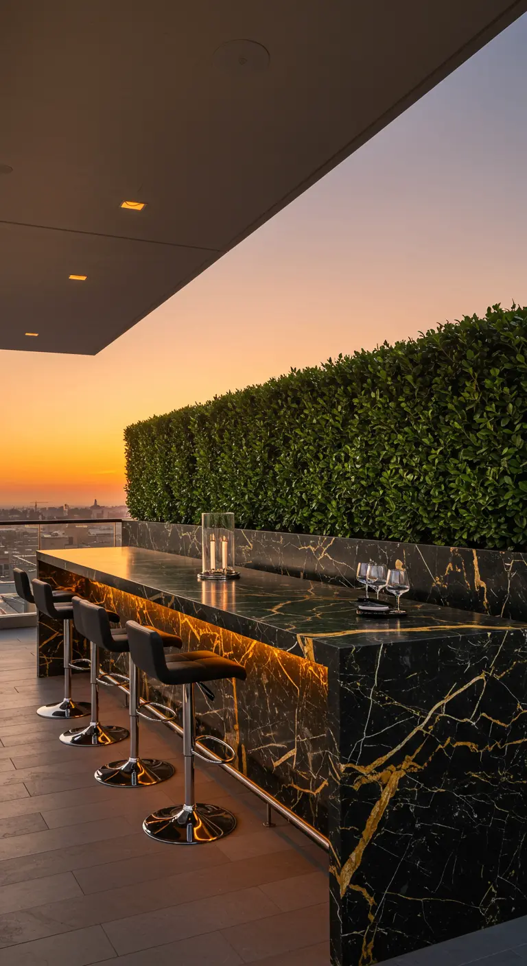 A rooftop bar made of backlit marble with a tall, dense hedge behind it.