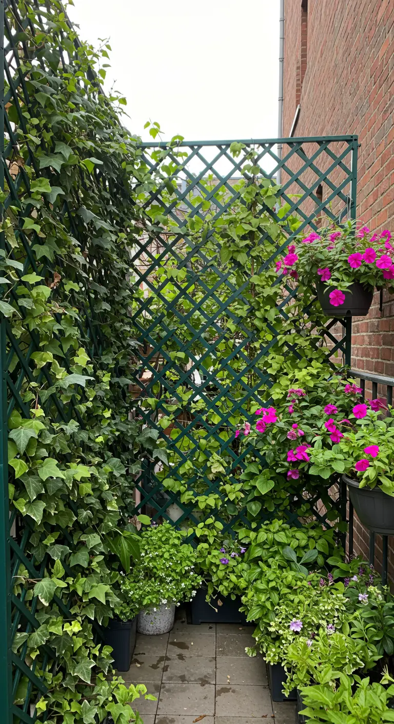 A lush wall of ivy and flowering plants creating a dense green privacy screen on a balcony.