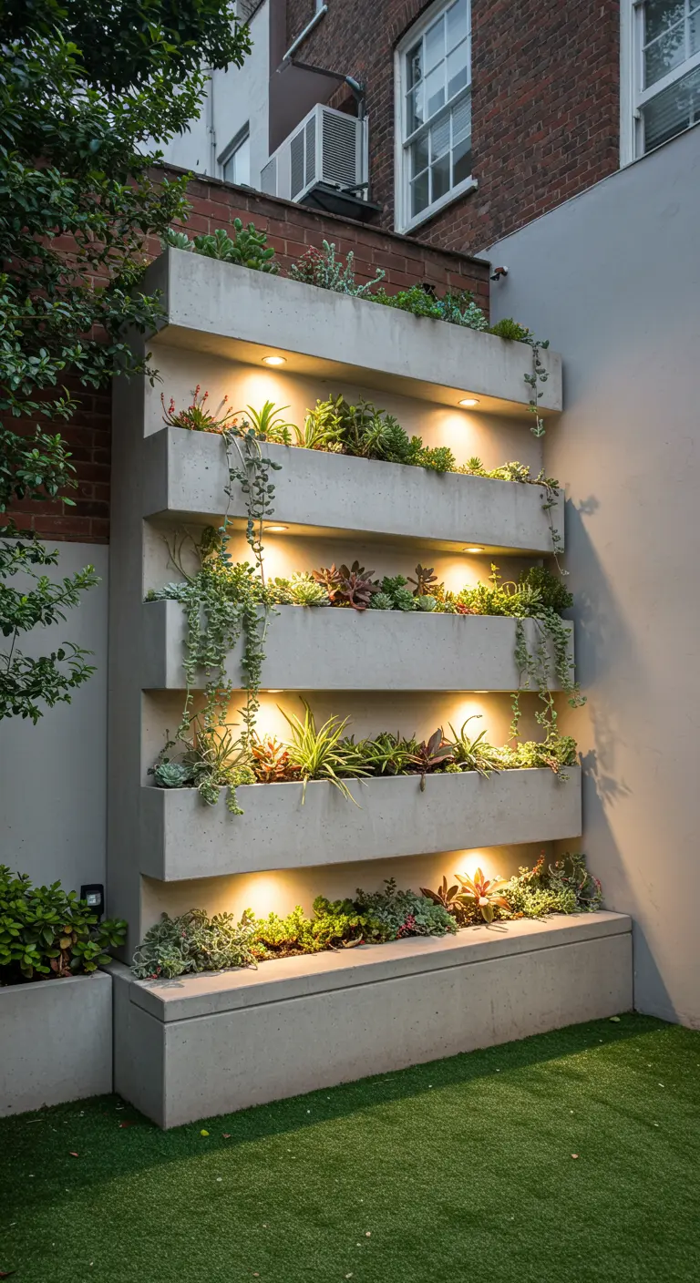 A tiered concrete retaining wall with integrated lighting and planters, with a bench at the base.